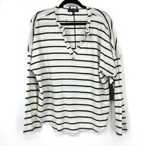 Fifty Street Pullover V-Neck Knit Sweater Top Womens Size XL White Black Striped